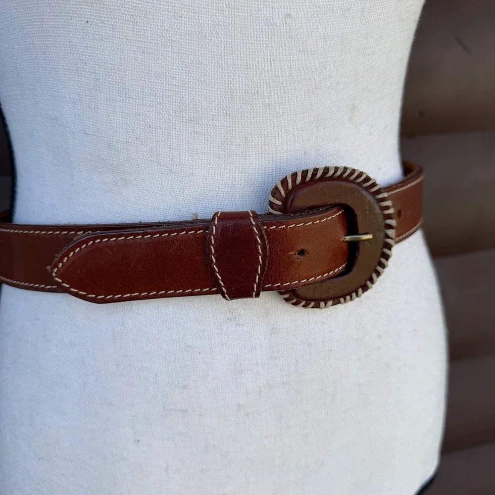 Vintage Genuine Leather Belt Womens Small Brown Whipstitch Buckle Made in‎ USA